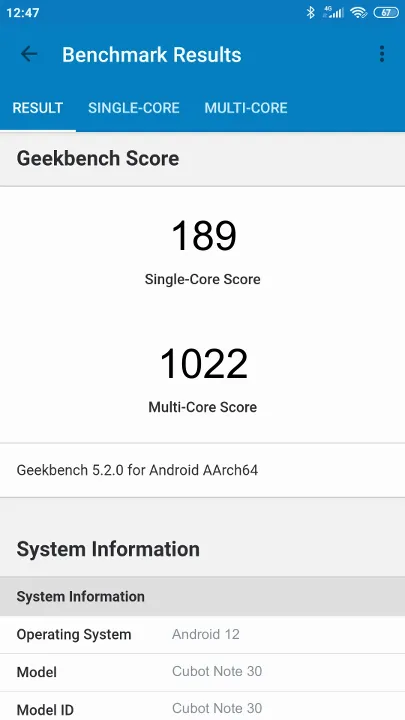 Cubot Note 30 Geekbench benchmark score results