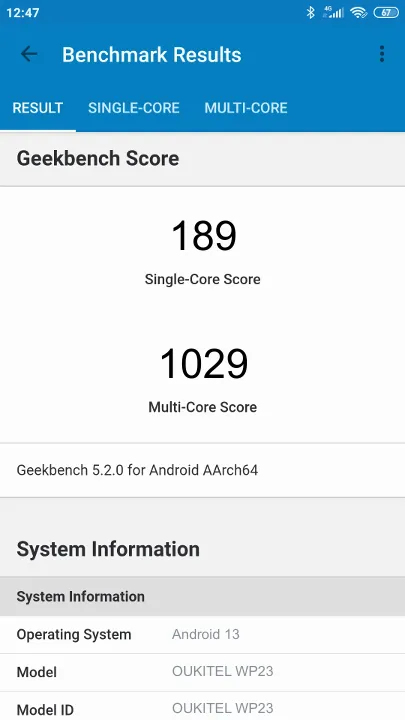 OUKITEL WP23 Geekbench benchmark: classement et résultats scores de tests