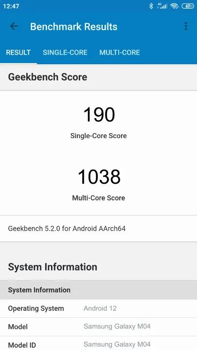 Pontuações do Samsung Galaxy M04 Geekbench Benchmark
