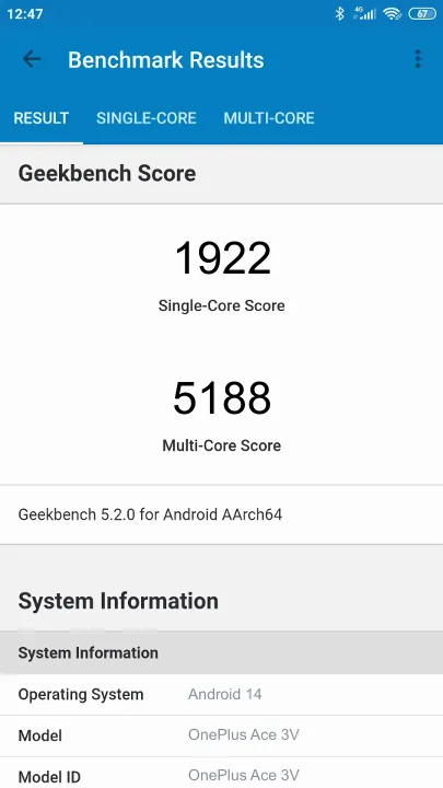 OnePlus Ace 3V的Geekbench Benchmark测试得分