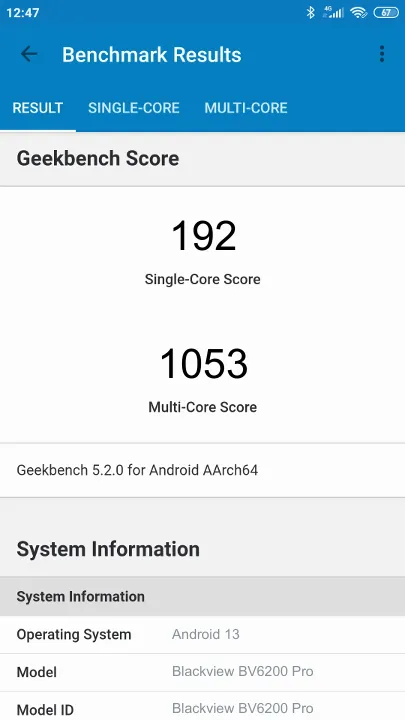 Blackview BV6200 Pro Geekbench benchmark: classement et résultats scores de tests