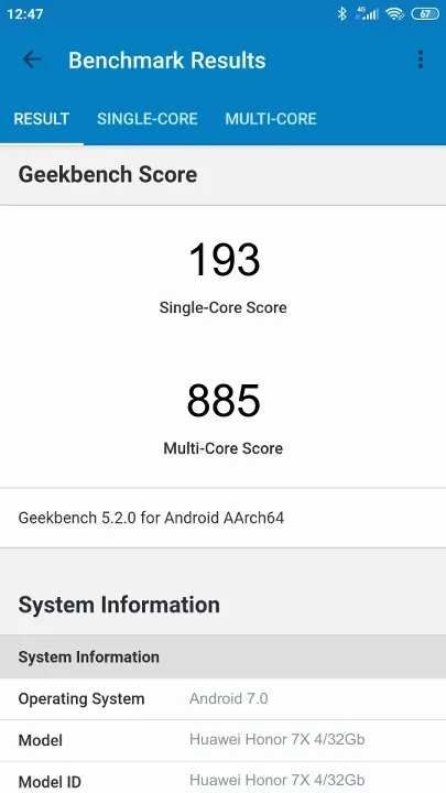 Pontuações do Huawei Honor 7X 4/32Gb Geekbench Benchmark