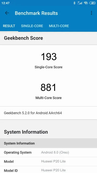 Punteggi Huawei P20 Lite Geekbench Benchmark