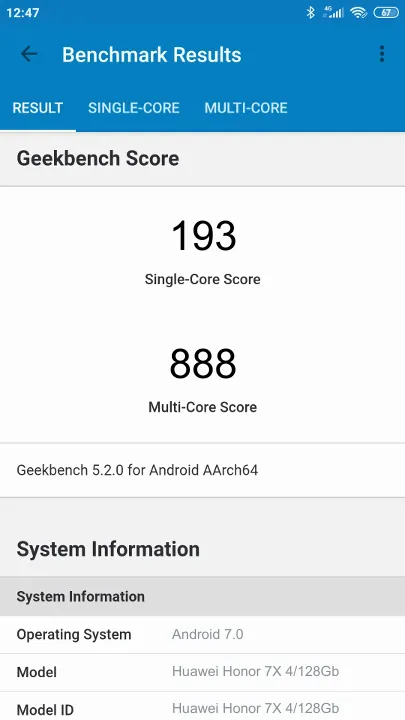 Huawei Honor 7X 4/128Gb Geekbench benchmark: classement et résultats scores de tests