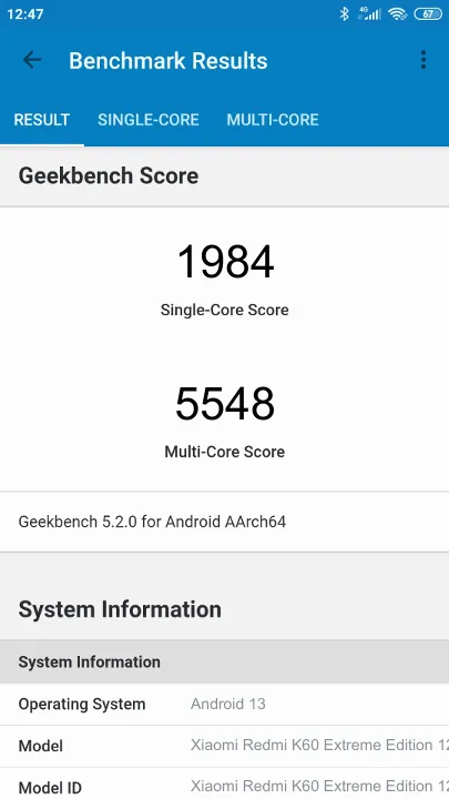 Skor Xiaomi Redmi K60 Extreme Edition 12/256GB Geekbench Benchmark