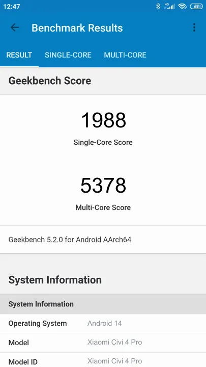 Xiaomi Civi 4 Pro Geekbench Benchmark-Ergebnisse