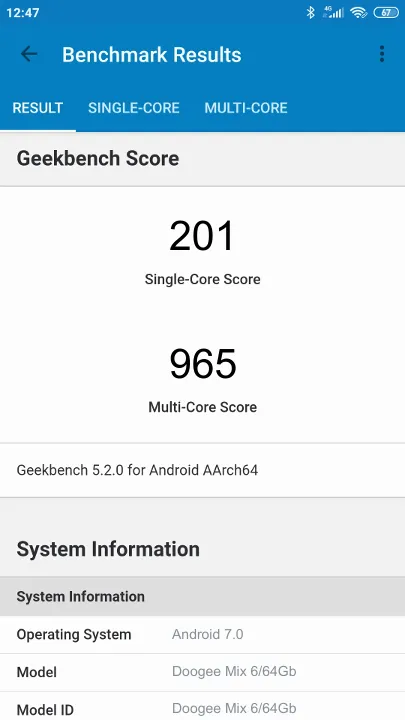 Βαθμολογία Doogee Mix 6/64Gb Geekbench Benchmark