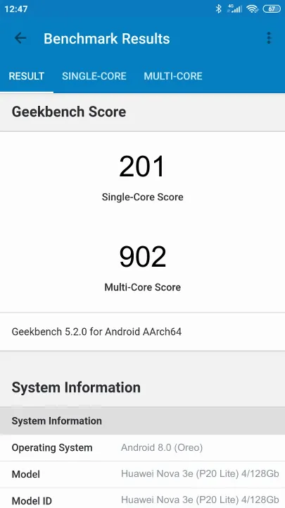 Wyniki testu Huawei Nova 3e (P20 Lite) 4/128Gb Geekbench Benchmark