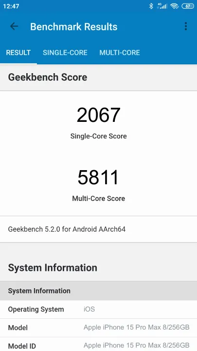 Apple iPhone 15 Pro Max 8/256GB Geekbench benchmark score results