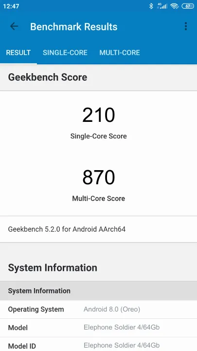 Elephone Soldier 4/64Gb Geekbench benchmark score results