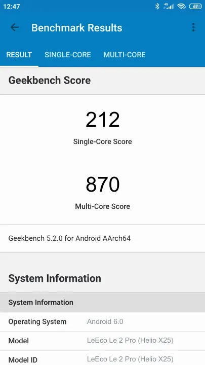 LeEco Le 2 Pro (Helio X25) Geekbench benchmark: classement et résultats scores de tests