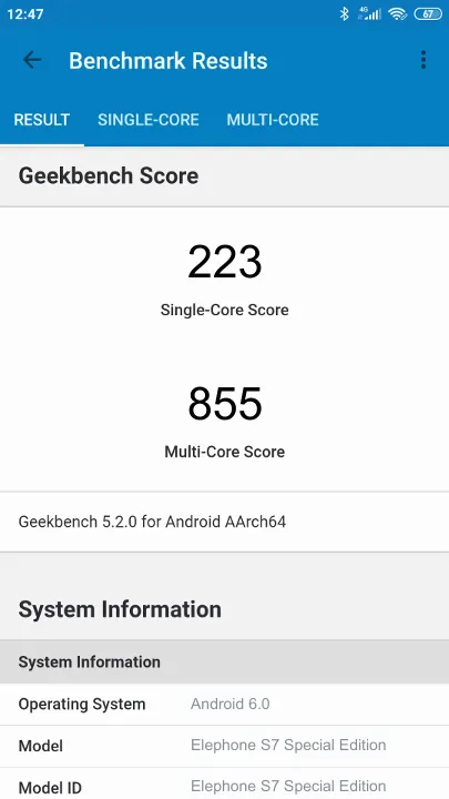 Punteggi Elephone S7 Special Edition Geekbench Benchmark