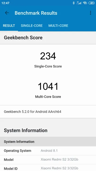 Xiaomi Redmi S2 3/32Gb Geekbench benchmarkresultat-poäng