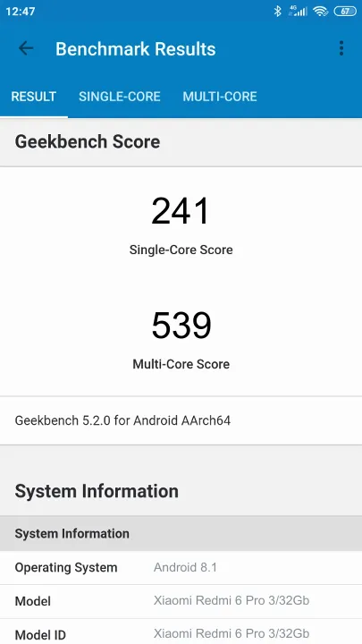 Wyniki testu Xiaomi Redmi 6 Pro 3/32Gb Geekbench Benchmark