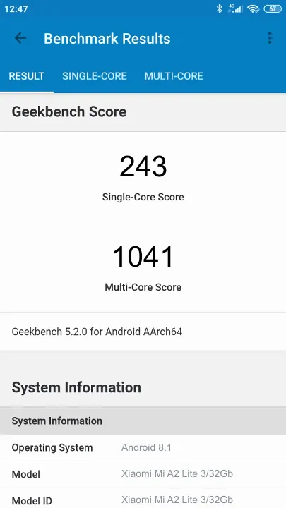 Pontuações do Xiaomi Mi A2 Lite 3/32Gb Geekbench Benchmark
