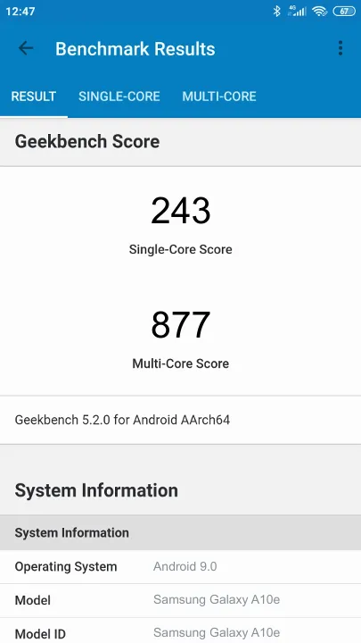 Pontuações do Samsung Galaxy A10e Geekbench Benchmark