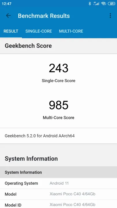 Wyniki testu Xiaomi Poco C40 4/64Gb Geekbench Benchmark