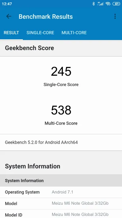 نتائج اختبار Meizu M6 Note Global 3/32Gb Geekbench المعيارية