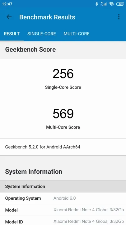 Xiaomi Redmi Note 4 Global 3/32Gb Geekbench benchmark score results