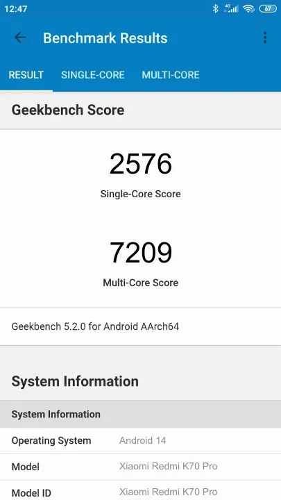 Wyniki testu Xiaomi Redmi K70 Pro Geekbench Benchmark