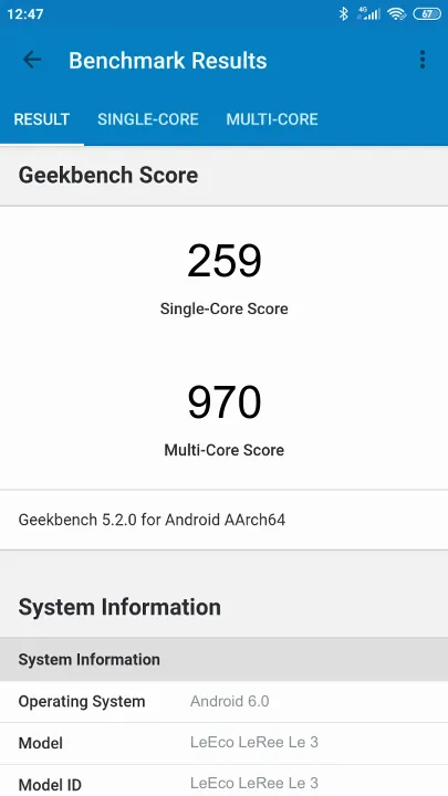 LeEco LeRee Le 3 Geekbench benchmark score results