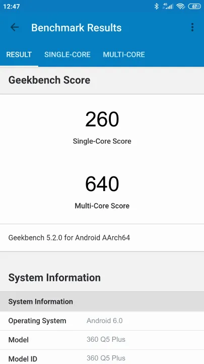 Punteggi 360 Q5 Plus Geekbench Benchmark