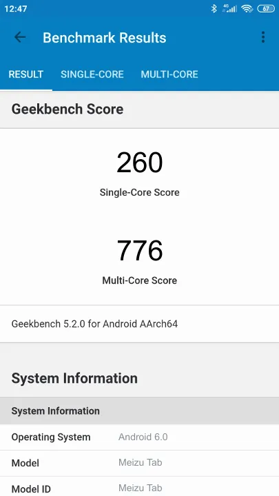 Wyniki testu Meizu Tab Geekbench Benchmark