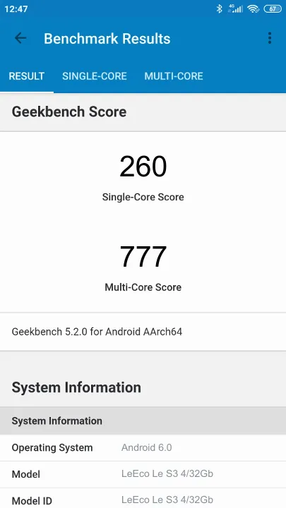 Βαθμολογία LeEco Le S3 4/32Gb Geekbench Benchmark