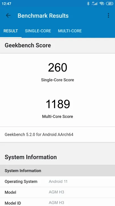 Wyniki testu AGM H3 Geekbench Benchmark
