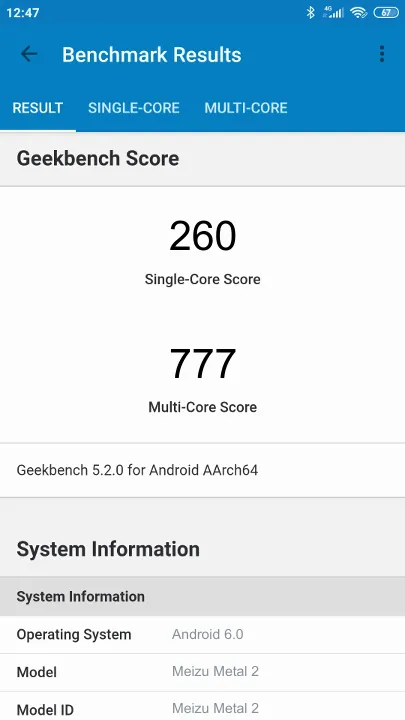 Pontuações do Meizu Metal 2 Geekbench Benchmark