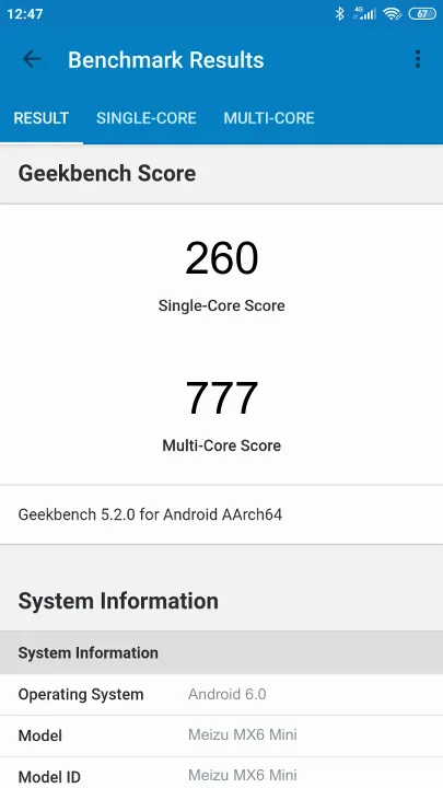 Βαθμολογία Meizu MX6 Mini Geekbench Benchmark