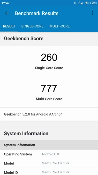 Punteggi Meizu PRO 6 mini Geekbench Benchmark