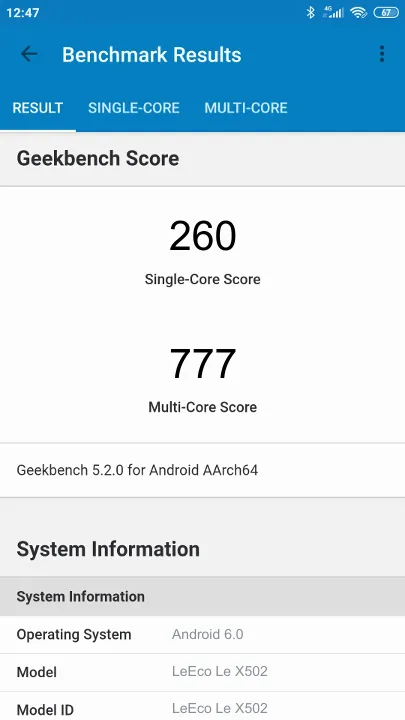 Skor LeEco Le X502 Geekbench Benchmark