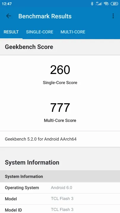 TCL Flash 3 Geekbench benchmark score results