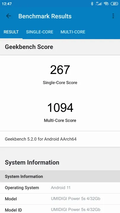 Wyniki testu UMIDIGI Power 5s 4/32Gb Geekbench Benchmark