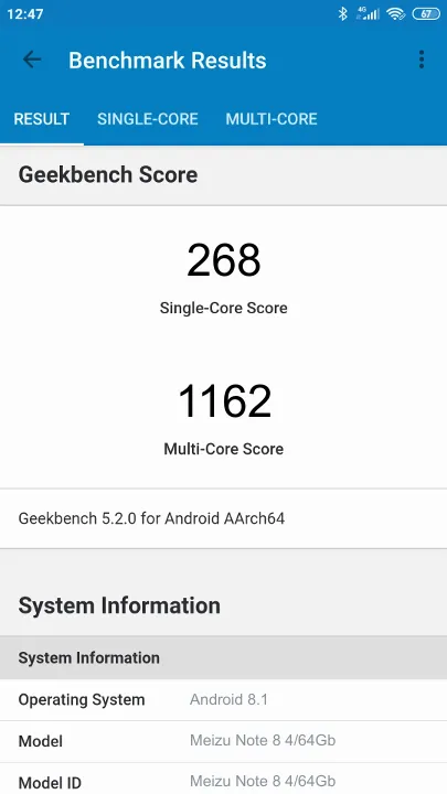 Wyniki testu Meizu Note 8 4/64Gb Geekbench Benchmark