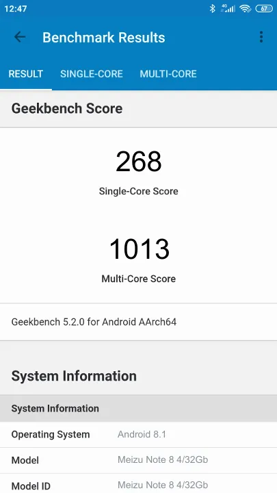 Skor Meizu Note 8 4/32Gb Geekbench Benchmark