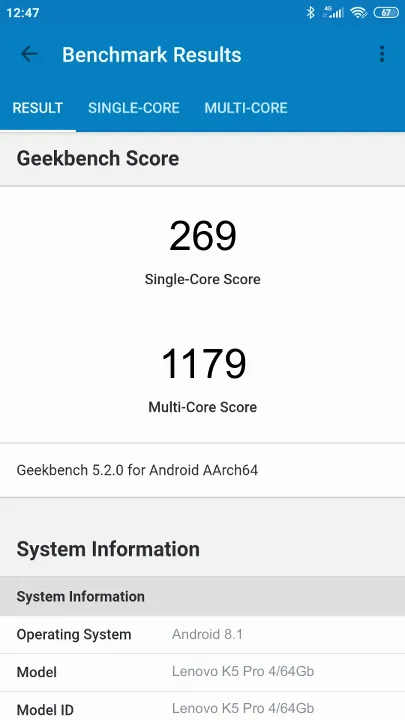Wyniki testu Lenovo K5 Pro 4/64Gb Geekbench Benchmark