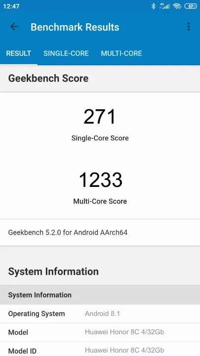 Pontuações do Huawei Honor 8C 4/32Gb Geekbench Benchmark