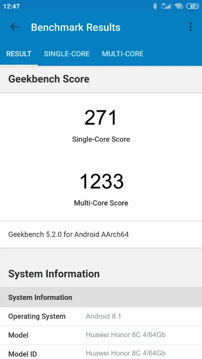 Huawei Honor 8C 4/64Gb的Geekbench Benchmark测试得分