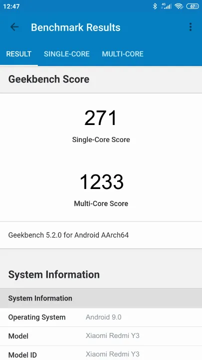 Punteggi Xiaomi Redmi Y3 Geekbench Benchmark