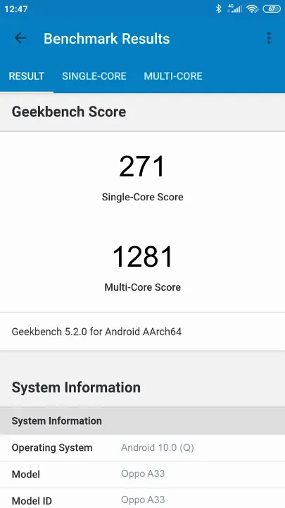 Pontuações do Oppo A33 Geekbench Benchmark
