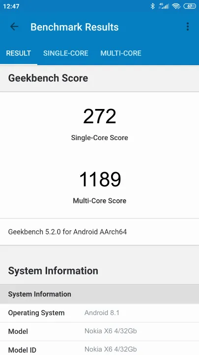 Wyniki testu Nokia X6 4/32Gb Geekbench Benchmark