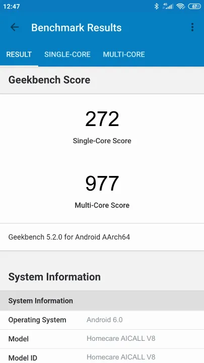 Wyniki testu Homecare AICALL V8 Geekbench Benchmark