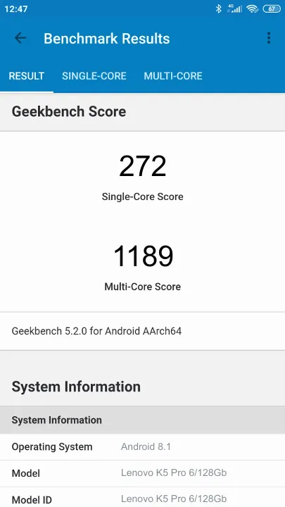 Wyniki testu Lenovo K5 Pro 6/128Gb Geekbench Benchmark