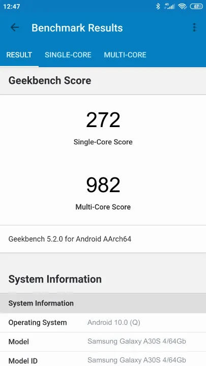 Βαθμολογία Samsung Galaxy A30S 4/64Gb Geekbench Benchmark