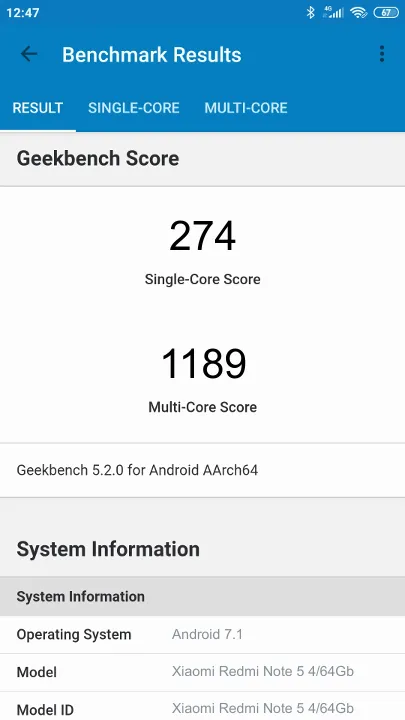 Xiaomi Redmi Note 5 4/64Gb的Geekbench Benchmark测试得分
