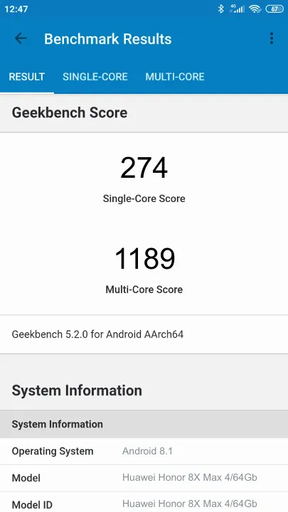 Wyniki testu Huawei Honor 8X Max 4/64Gb Geekbench Benchmark