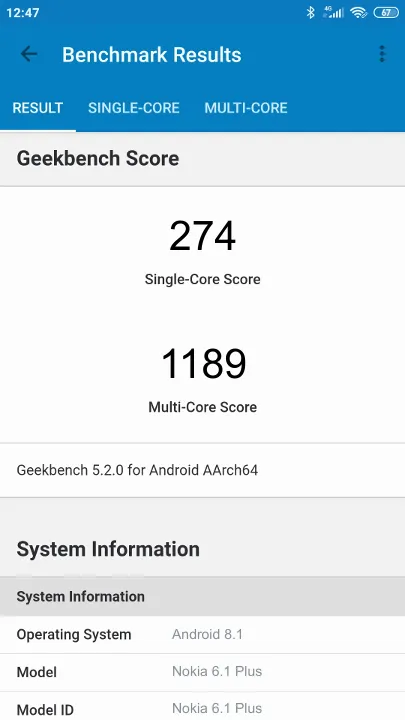 Nokia 6.1 Plus的Geekbench Benchmark测试得分