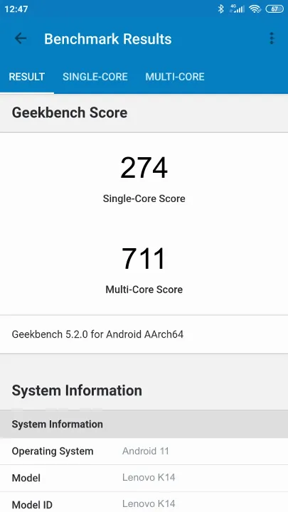 Βαθμολογία Lenovo K14 Geekbench Benchmark